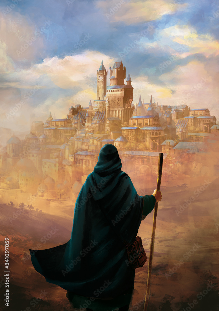 Obraz premium illustration de fantasy avec un magicien de dos devant une ville du désert
