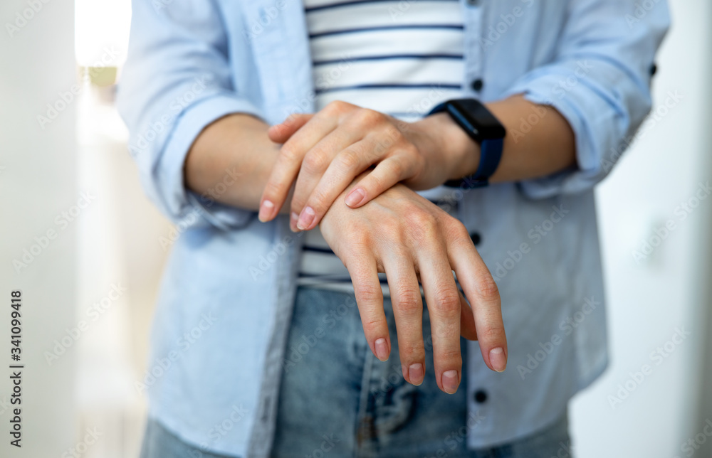 Woman hands after desinfection for protecting from virus Woman hands after desinfection for protecting from virus