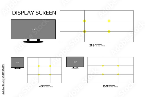 Monitor screen with Rule of thirds aspect ratio. Computer, Smartphone and Television display screen template. It's most favorite aspect ratio. Good for education too. Vector illustration with layers.