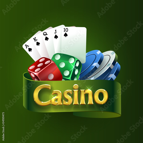 Casino logo on a green ribbon. The best casino games. Dice, cards, chips