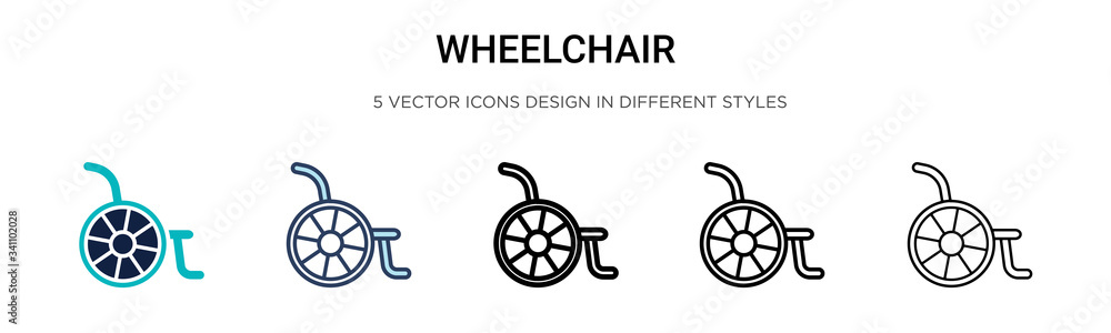 Wheelchair icon in filled, thin line, outline and stroke style. Vector illustration of two colored and black wheelchair vector icons designs can be used for mobile, ui,