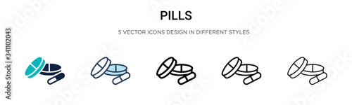 Pills icon in filled, thin line, outline and stroke style. Vector illustration of two colored and black pills vector icons designs can be used for mobile, ui,