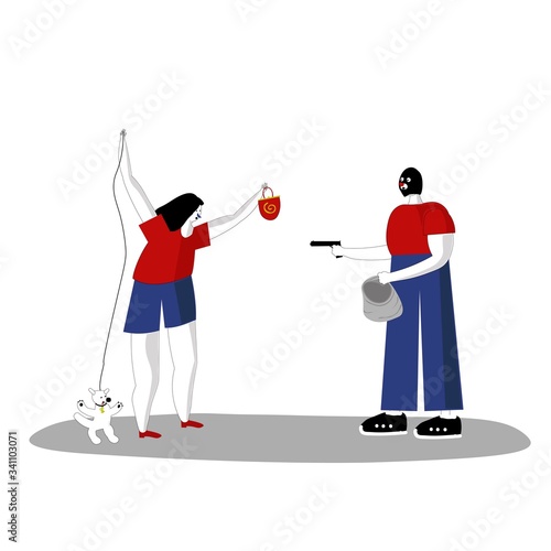 Purse snatcher, thief grabbing a girl, threatening with a gun. Masked criminal, bandit pulling a weapon on young woman to steal a handbag on street. Vector flat style cartoon illustration