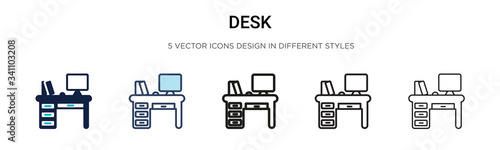 Desk icon in filled, thin line, outline and stroke style. Vector illustration of two colored and black desk vector icons designs can be used for mobile, ui,