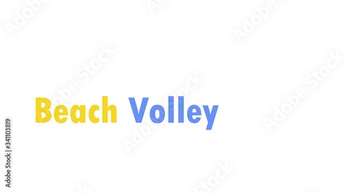 A volleyball ball jumps on the surface and disappears from the screen. The inscription Beach Volleyball appears. Beach volleyball concepts. Web banner 4k.