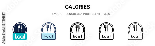 Calories icon in filled, thin line, outline and stroke style. Vector illustration of two colored and black calories vector icons designs can be used for mobile, ui,