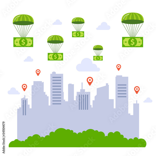 saving the economy with government money. money falling on the city by parachutes. flat vector illustration.