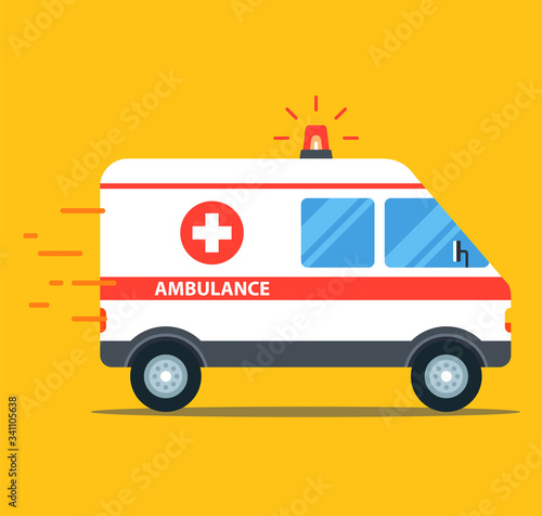 the ambulance goes to the call with the flasher on. Flat car vector illustration.