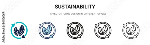 Sustainability icon in filled, thin line, outline and stroke style. Vector illustration of two colored and black sustainability vector icons designs can be used for mobile, ui,