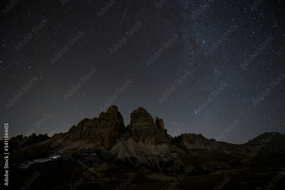 Dolomites valley on a starry night
