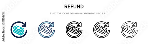 Refund icon in filled, thin line, outline and stroke style. Vector illustration of two colored and black refund vector icons designs can be used for mobile, ui,