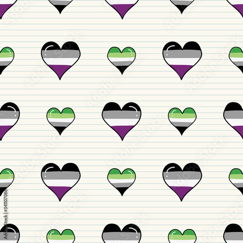 Cute asexual aromantic heart cartoon seamless vector pattern. Hand drawn isolated pride flag for LGBTQ blog. Gay love on stripe background all over print. Community tolerance tile. 