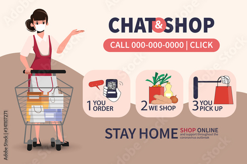 Online shopping on smartphone and pick up. Service customer stay home from department store and supermarket.