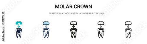 Molar crown icon in filled, thin line, outline and stroke style. Vector illustration of two colored and black molar crown vector icons designs can be used for mobile, ui,