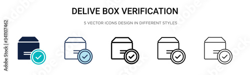 Delivered box verification icon in filled, thin line, outline and stroke style. Vector illustration of two colored and black delivered box verification vector icons designs can be used for mobile,