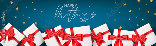 Mother's Day celebration banner or website header background. White presents with red bow on blue background with lettering. Vector illustration.