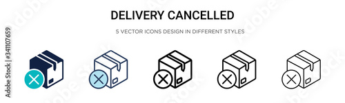 Delivery cancelled icon in filled, thin line, outline and stroke style. Vector illustration of two colored and black delivery cancelled vector icons designs can be used for mobile, ui,