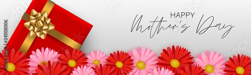 Mother's Day banner or website header. Red gift boxe with golden bow under flowers. Celebration holiday concept. Realistic vector illustration.