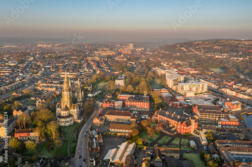 Amazing aerial view drone Cork City center Ireland Irish landmark downtown building st fin barre   s cathedral
