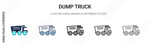 Dump truck icon in filled, thin line, outline and stroke style. Vector illustration of two colored and black dump truck vector icons designs can be used for mobile, ui,