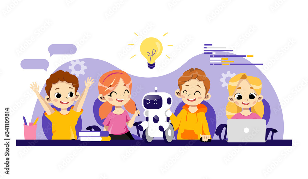 Robotics Courses For Children Concept. Robots Designing, Programming and Repairing, Smart technologies. Group Of Cheerful Children With Robot And Infographics. Cartoon Flat Style. Vector Illustration Robotics Courses For Children Concept. Robots Designing, Programming and Repairing, Smart technologies. Group Of Cheerful Children With Robot And Infographics. Cartoon Flat Style. Vector Illustration