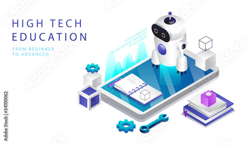 Isometric Concept Of High Tech Education. Website Landing Page. Remote Courses Of Modeling, Programming, Coding And Automatization Of Robots. Fashion Robot On Smartphone. Web Page Vector Illustration