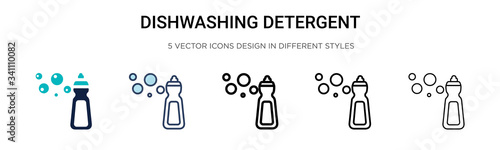 Dishwashing detergent icon in filled, thin line, outline and stroke style. Vector illustration of two colored and black dishwashing detergent vector icons designs can be used for mobile, ui,