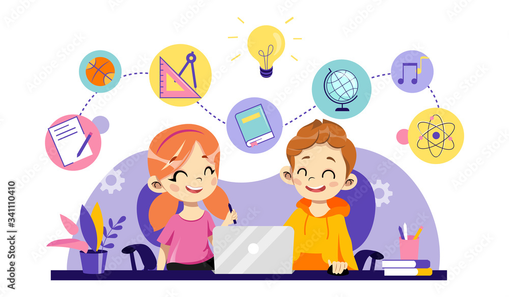 Children Online Education, Remote Studying, Training and Courses, Learning,  Video Tutorials. Cheerful Children Are Study Online Use Laptop With School  Items. Cartoon Flat Style. Vector Illustration Stock Vector | Adobe Stock
