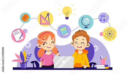 Children Online Education, Remote Studying, Training and Courses, Learning, Video Tutorials. Cheerful Children Are Study Online Use Laptop With School Items. Cartoon Flat Style. Vector Illustration