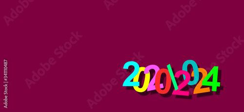 Illustration of 4 years, from 2020 to 2024. Relative to a period, time or date. Lilac background and numbers in fun colors.