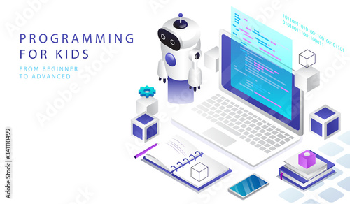 Concept Of Isometric 3D STEM Education, Online Courses For Children. Website Landing Page. Programming Courses, Robotics For Children, Computer Programming Camp. Web Page Cartoon Vector Illustration