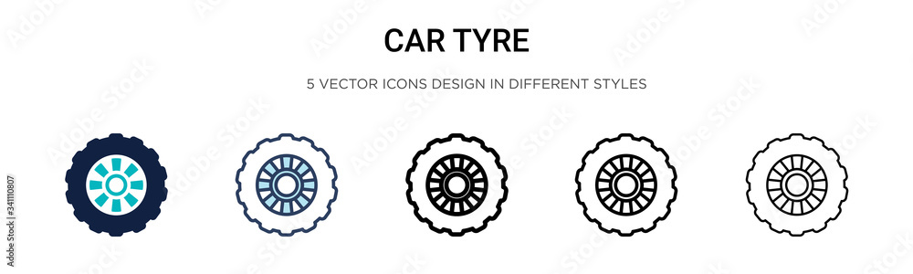 Car tyre icon in filled, thin line, outline and stroke style. Vector illustration of two colored and black car tyre vector icons designs can be used for mobile, ui, - obrazy, fototapety, plakaty 