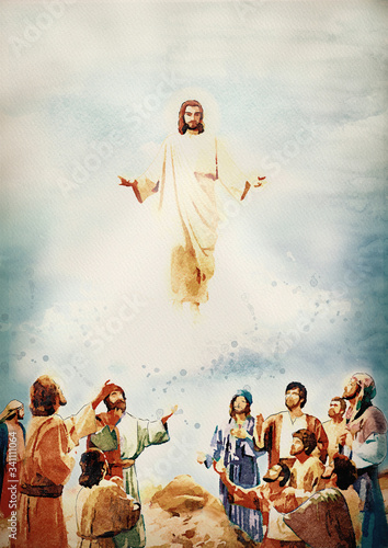 Canvastavla Ascension of Jesus. Christian watercolor background