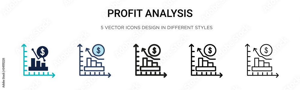 Profit analysis icon in filled, thin line, outline and stroke style. Vector illustration of two colored and black profit analysis vector icons designs can be used for mobile, ui,