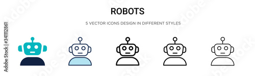 Robots icon in filled, thin line, outline and stroke style. Vector illustration of two colored and black robots vector icons designs can be used for mobile, ui, photo