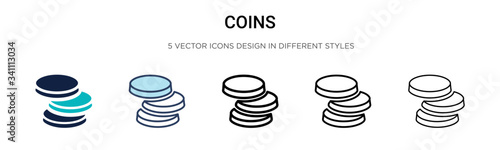 Coins icon in filled, thin line, outline and stroke style. Vector illustration of two colored and black coins vector icons designs can be used for mobile, ui,