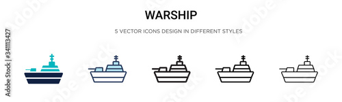 Warship icon in filled, thin line, outline and stroke style. Vector illustration of two colored and black warship vector icons designs can be used for mobile, ui,
