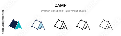 Camp icon in filled, thin line, outline and stroke style. Vector illustration of two colored and black camp vector icons designs can be used for mobile, ui,