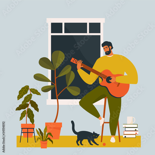 A young man playing guitar at home. Guitarist musician is sitting in quarantine alone. Flat vector illustration.