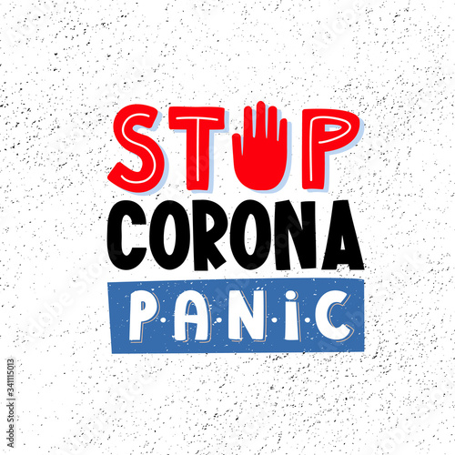 Stop coronavirus panic text lettering on white.