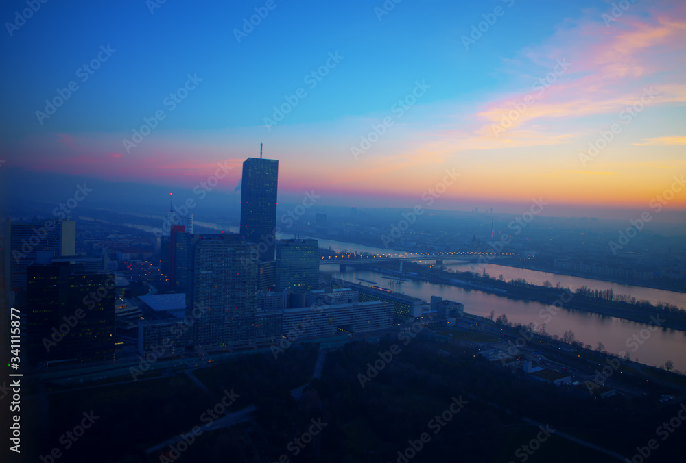 Panoramic view of Vienna and Danube in the evening