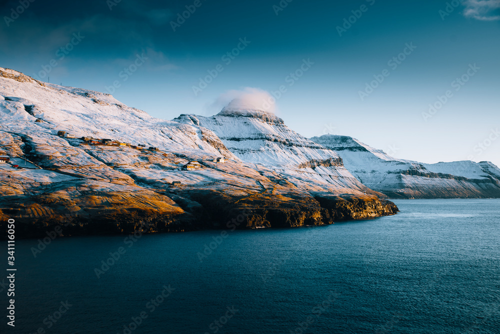 Snow covered mountains in Faroe Islands