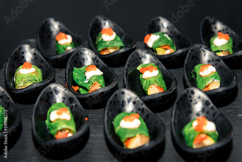 Many different vegetable canapes for the whole frame. Horizontal frame