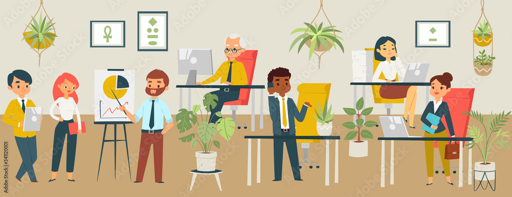 Obraz premium People at workshop at office conference, business staff education and presentation, company and businessmen cartoon vector illustration. Office workers and seminars. Human work resources. Career.