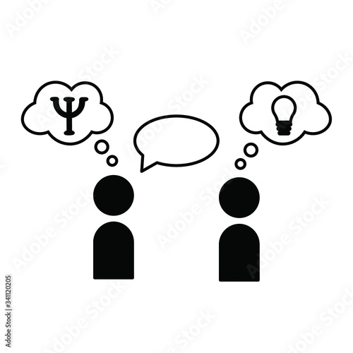 icon on the topic "psychological consultation and help", the psychologist gives advice and an idea to the client on psychotherapy. latin letter "psi". black vector graphics