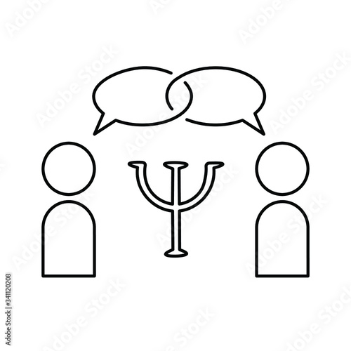 icon on the topic "psychological consultation". two people are talking on psychotherapy . psychology sign (latin letter psi) black vector graphics