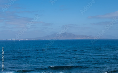 Spanish View Landscape from Isla de los Lobos on Lanzarote island Tropical Volcanic Canary Islands Spain. October 2019