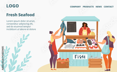 Fresh fish and seafood sale market or store webpage template flat vector illustration. Sea food in ice, customers and seller of raw salmon and tuna, products showcase full of fish. Street counter.