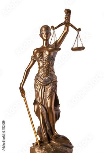 Bronze Themis statue - symbol of Justice - isolated on white