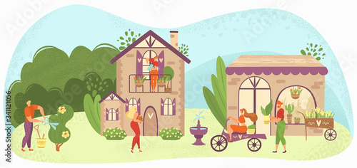 Garden care people gardening, growing plants and flowers near houses, gardeners flat vector illustration. People caring, planting, selling spring flowers and houseplants greenery in pots.